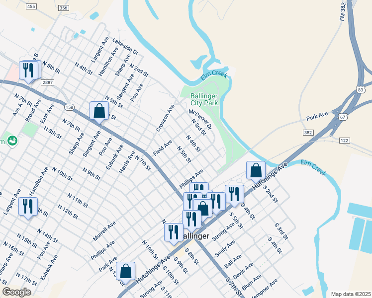 map of restaurants, bars, coffee shops, grocery stores, and more near 501 North 5th Street in Ballinger