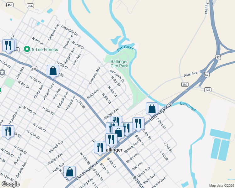 map of restaurants, bars, coffee shops, grocery stores, and more near 400 North 4th Street in Ballinger