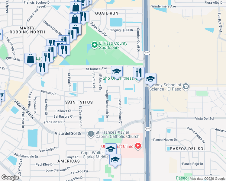 map of restaurants, bars, coffee shops, grocery stores, and more near 12246 Via Campo Drive in El Paso