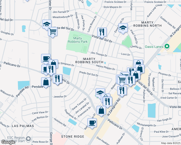 map of restaurants, bars, coffee shops, grocery stores, and more near 11753 Prado Del Sol Drive in El Paso