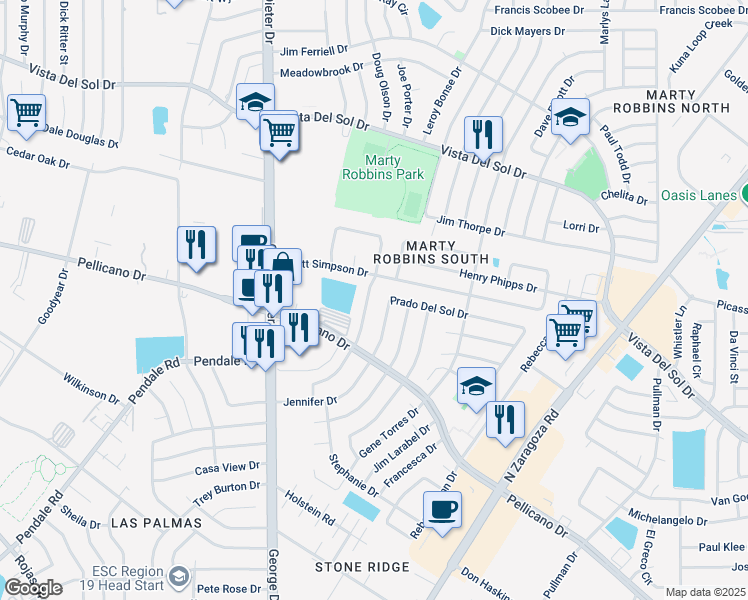 map of restaurants, bars, coffee shops, grocery stores, and more near 1514 Greg Powers Drive in El Paso