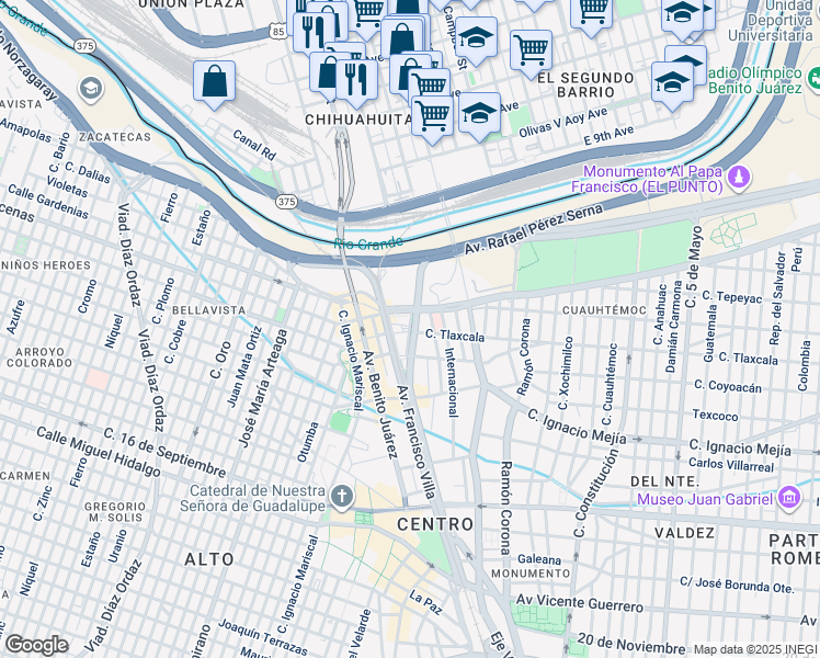 map of restaurants, bars, coffee shops, grocery stores, and more near General Rivas Guillén in Juárez