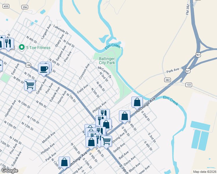 map of restaurants, bars, coffee shops, grocery stores, and more near 400 North 4th Street in Ballinger