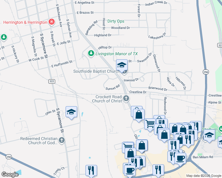 map of restaurants, bars, coffee shops, grocery stores, and more near 14 Sunset Road in Palestine