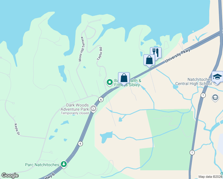 map of restaurants, bars, coffee shops, grocery stores, and more near 4343 University Parkway in Natchitoches