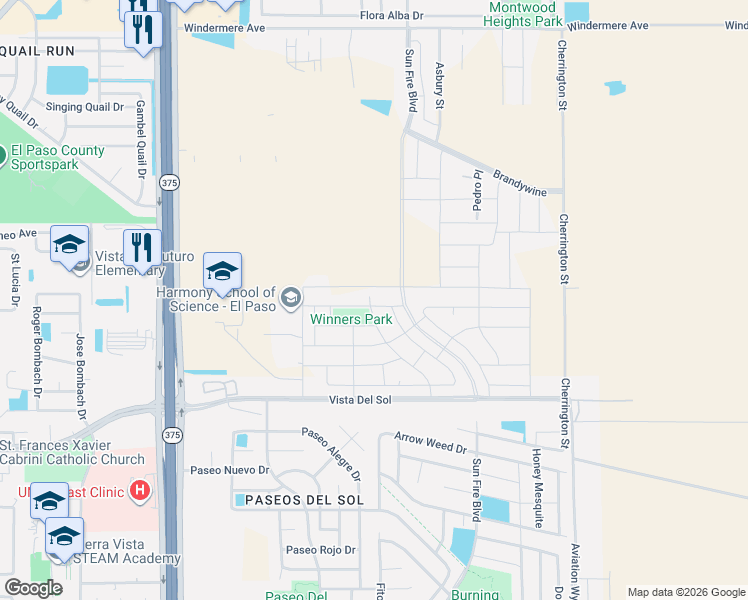 map of restaurants, bars, coffee shops, grocery stores, and more near 12511 Triple Crown Avenue in Horizon City