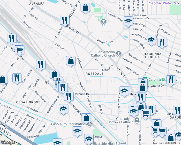 map of restaurants, bars, coffee shops, grocery stores, and more near 7419 Franklin Drive in El Paso