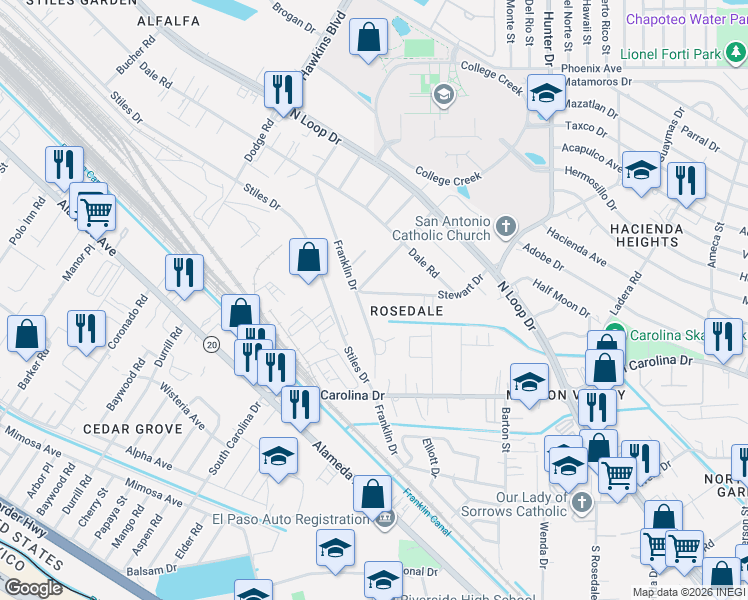 map of restaurants, bars, coffee shops, grocery stores, and more near 7419 Franklin Drive in El Paso