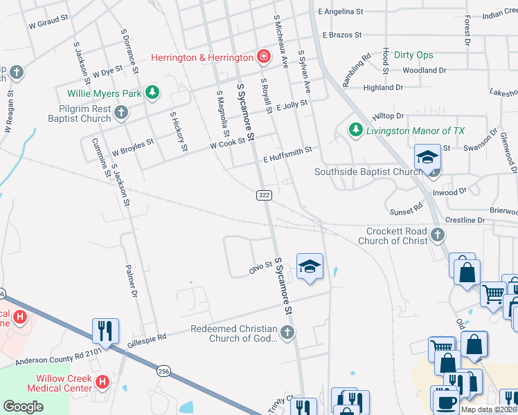 map of restaurants, bars, coffee shops, grocery stores, and more near 1509 South Sycamore Street in Palestine