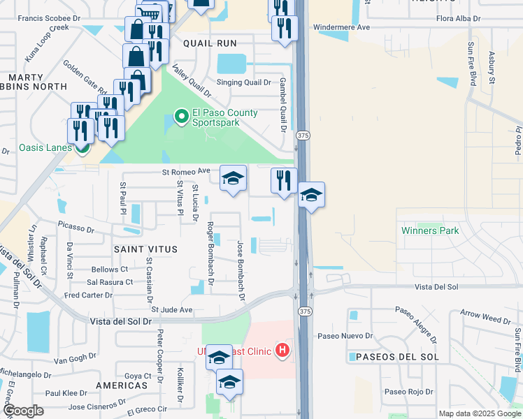 map of restaurants, bars, coffee shops, grocery stores, and more near 12311 Lorenzo Ruiz Avenue in El Paso