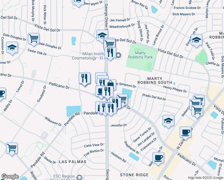 map of restaurants, bars, coffee shops, grocery stores, and more near 15 Scott Simpson Drive in El Paso