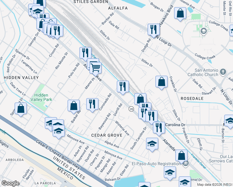 map of restaurants, bars, coffee shops, grocery stores, and more near 7307 Alameda Avenue in El Paso