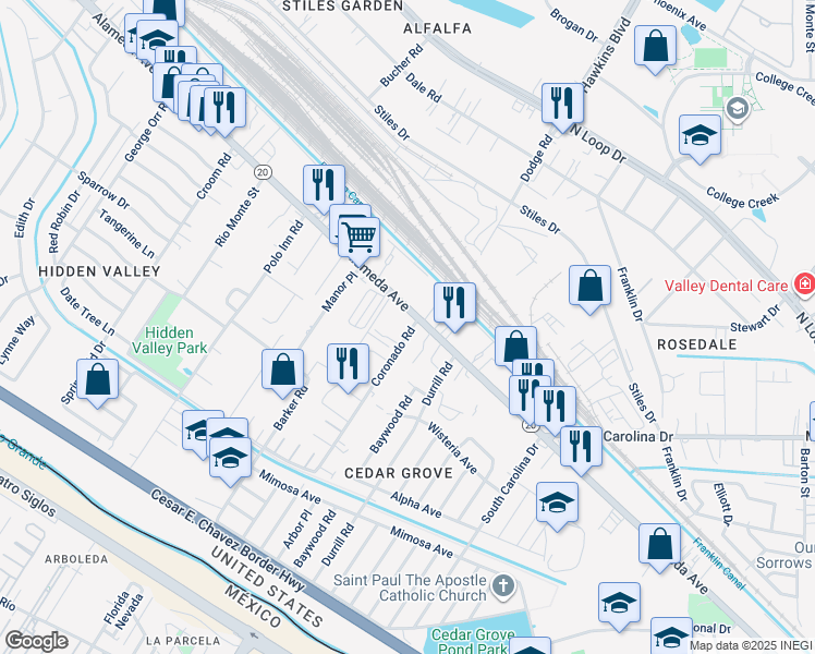 map of restaurants, bars, coffee shops, grocery stores, and more near 7277 Alameda Avenue in El Paso