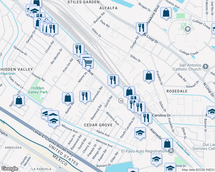 map of restaurants, bars, coffee shops, grocery stores, and more near 7307 Alameda Avenue in El Paso