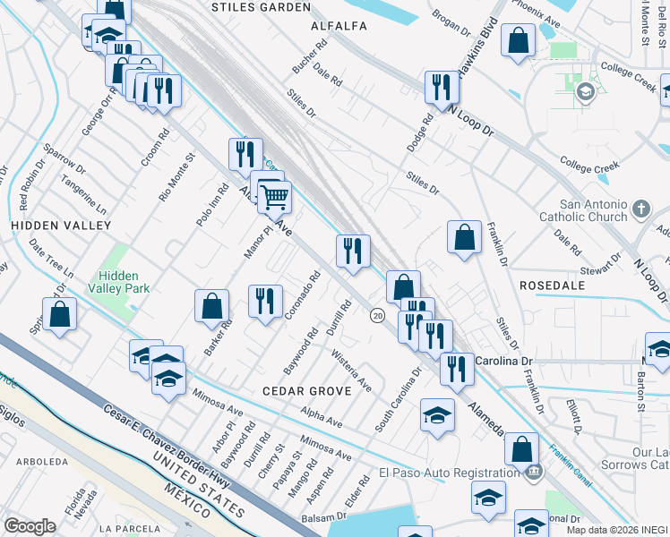 map of restaurants, bars, coffee shops, grocery stores, and more near 7307 Alameda Avenue in El Paso