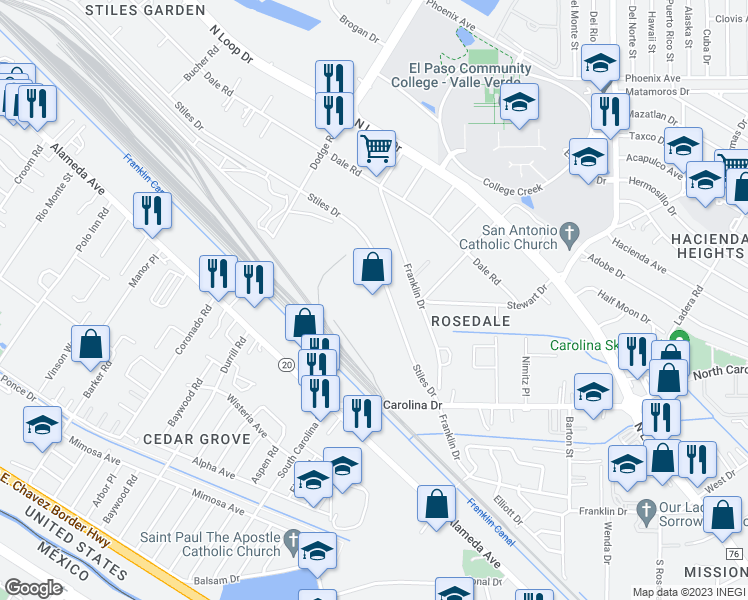 map of restaurants, bars, coffee shops, grocery stores, and more near 7360 Stiles Drive in El Paso
