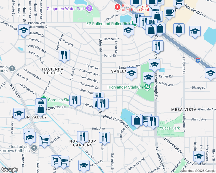 map of restaurants, bars, coffee shops, grocery stores, and more near 7817 Santa Monica Court in El Paso