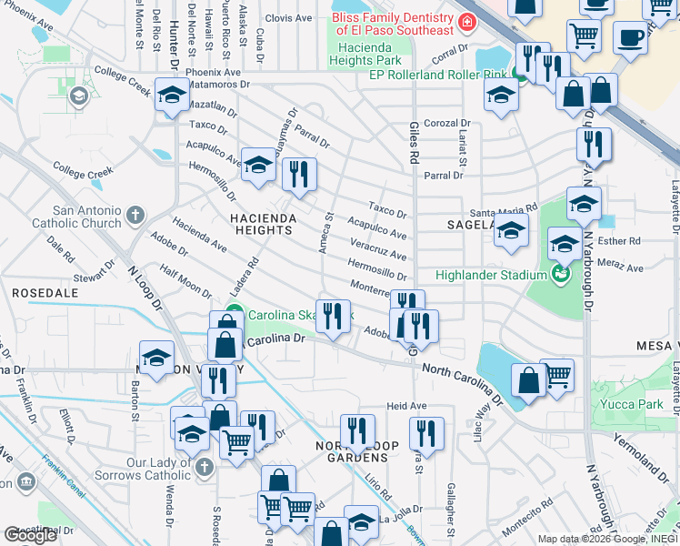 map of restaurants, bars, coffee shops, grocery stores, and more near 7706 Hermosillo Drive in El Paso