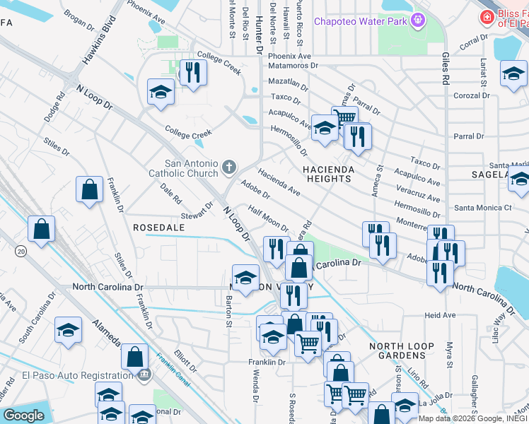 map of restaurants, bars, coffee shops, grocery stores, and more near 17 Half Moon Drive in El Paso