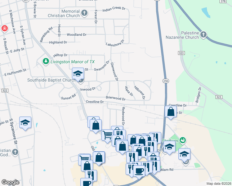 map of restaurants, bars, coffee shops, grocery stores, and more near 110 Cardinal Drive in Palestine