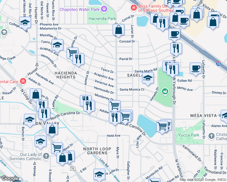 map of restaurants, bars, coffee shops, grocery stores, and more near 7780 Veracruz Avenue in El Paso