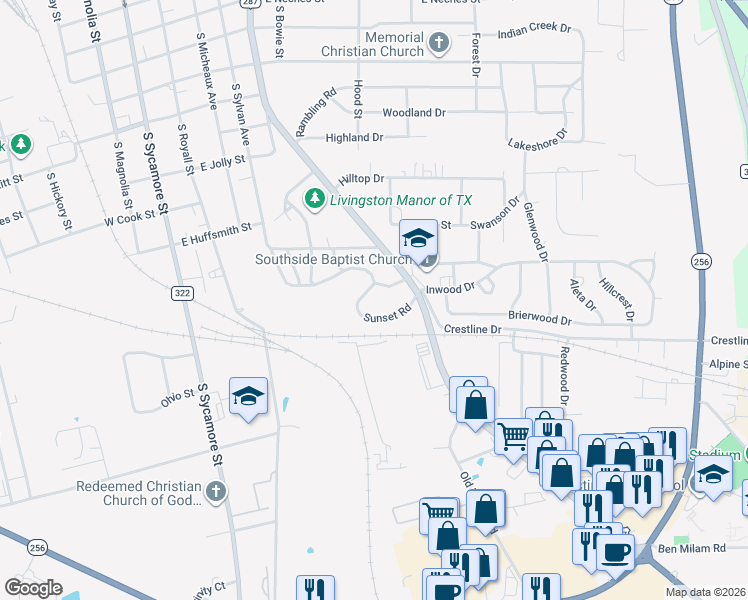 map of restaurants, bars, coffee shops, grocery stores, and more near 2-4 Sandy Lane in Palestine