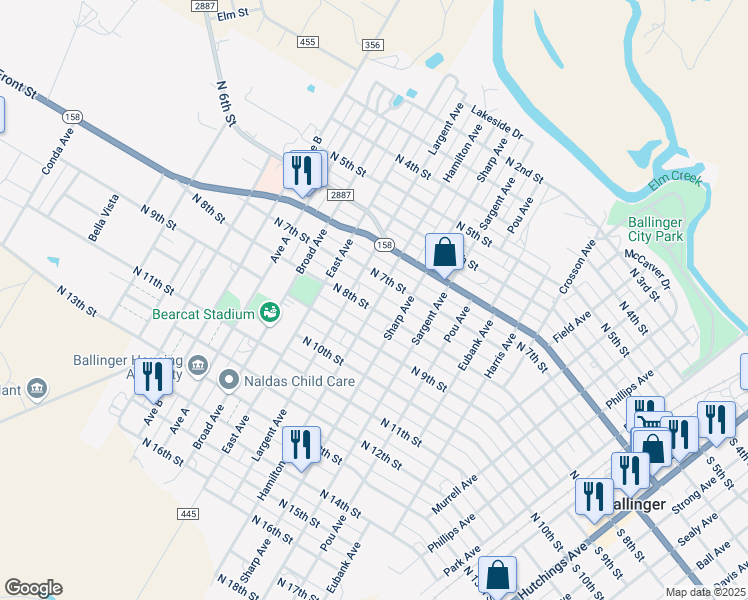 map of restaurants, bars, coffee shops, grocery stores, and more near 1203 North 7th Street in Ballinger