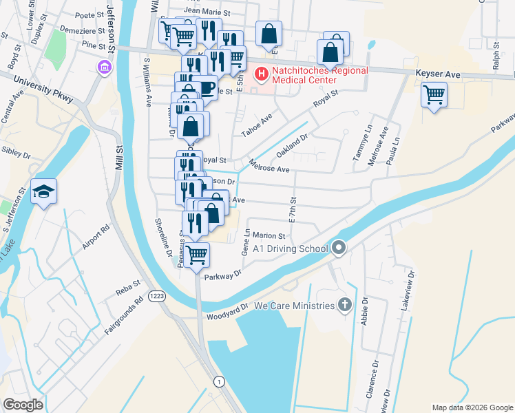 map of restaurants, bars, coffee shops, grocery stores, and more near 512 Hancock Avenue in Natchitoches