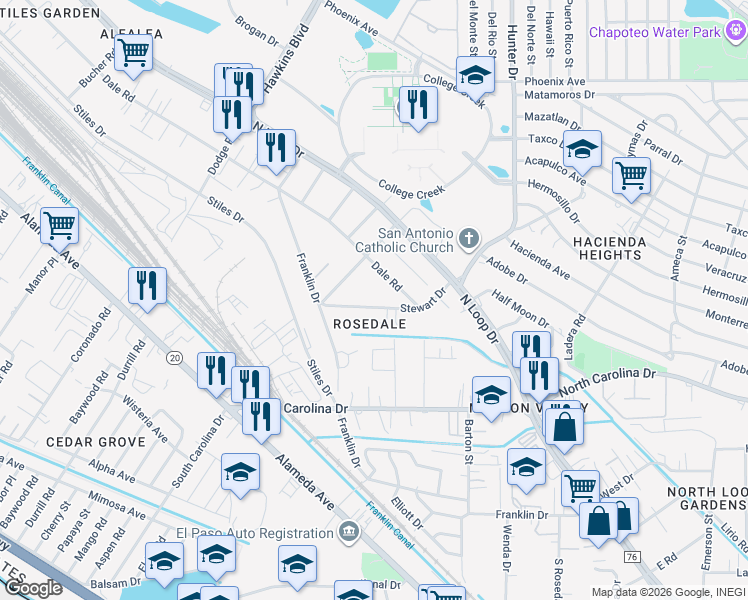 map of restaurants, bars, coffee shops, grocery stores, and more near 321 Stewart Drive in El Paso