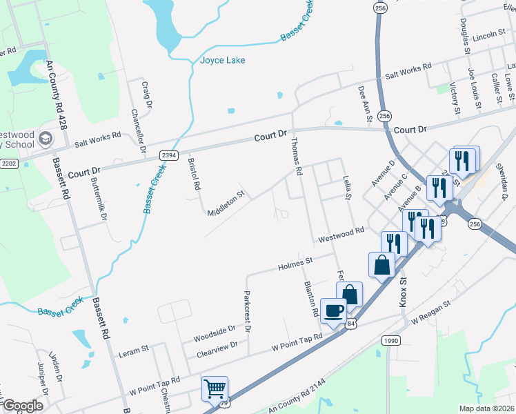 map of restaurants, bars, coffee shops, grocery stores, and more near 201 Belfast Street in Palestine