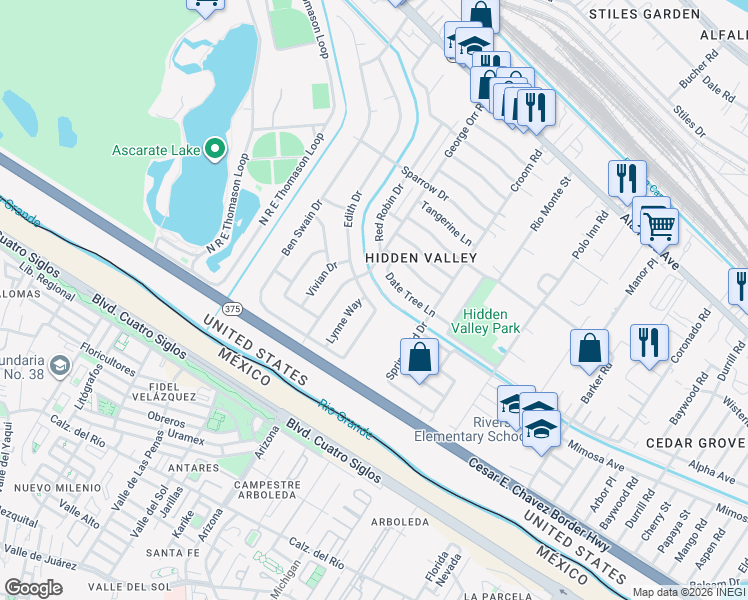 map of restaurants, bars, coffee shops, grocery stores, and more near 320 Edith Drive in El Paso