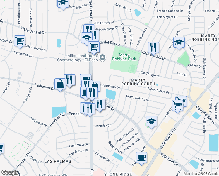 map of restaurants, bars, coffee shops, grocery stores, and more near 11628 Scott Simpson Drive in El Paso