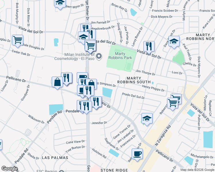 map of restaurants, bars, coffee shops, grocery stores, and more near 11628 Scott Simpson Drive in El Paso