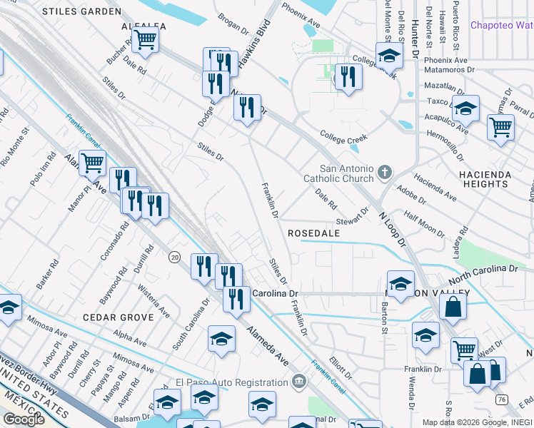 map of restaurants, bars, coffee shops, grocery stores, and more near 7376 Franklin Dr in El Paso