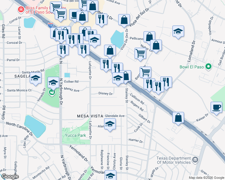map of restaurants, bars, coffee shops, grocery stores, and more near 8082 Disney Drive in El Paso