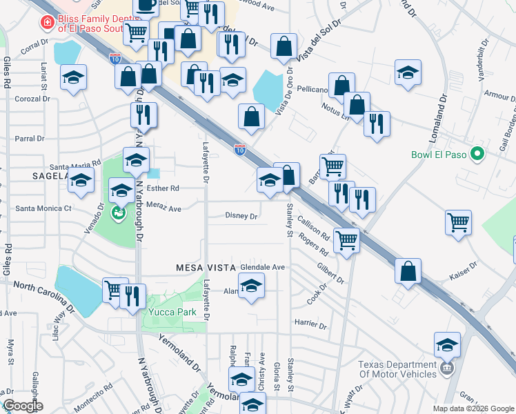 map of restaurants, bars, coffee shops, grocery stores, and more near 8082 Disney Drive in El Paso