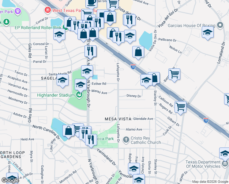 map of restaurants, bars, coffee shops, grocery stores, and more near 7939 Meraz Avenue in El Paso