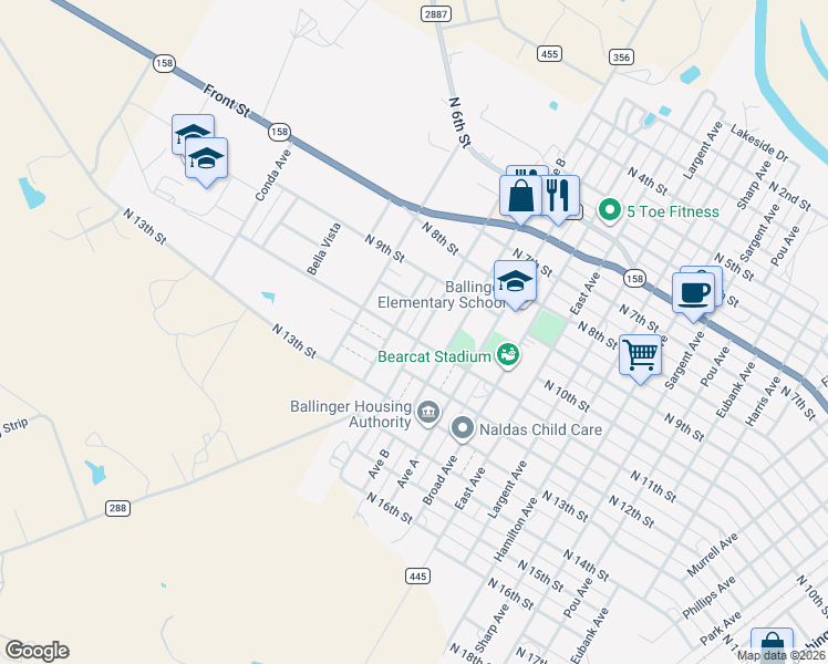 map of restaurants, bars, coffee shops, grocery stores, and more near 1002 Avenue C in Ballinger