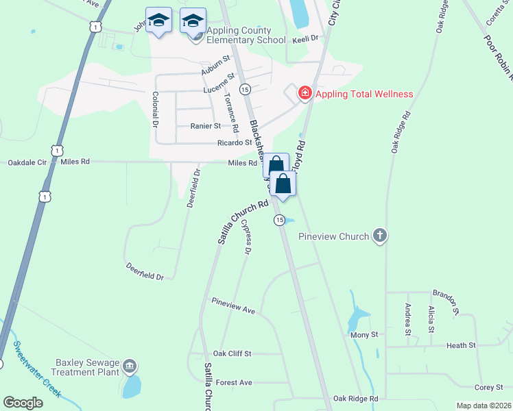 map of restaurants, bars, coffee shops, grocery stores, and more near 632 Satilla Church Rd in Baxley