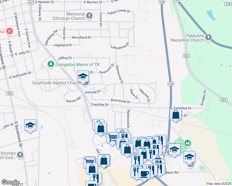 map of restaurants, bars, coffee shops, grocery stores, and more near 110 Cardinal Drive in Palestine