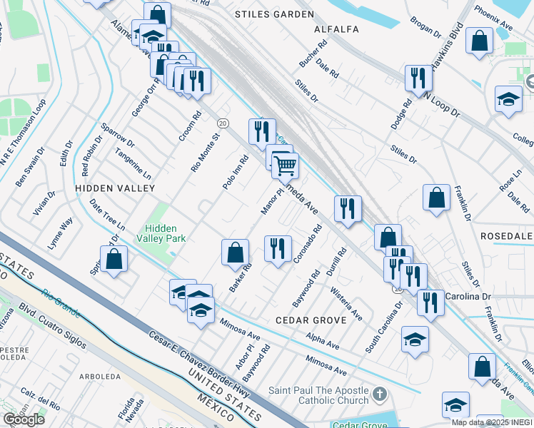 map of restaurants, bars, coffee shops, grocery stores, and more near 141 Manor Place in El Paso