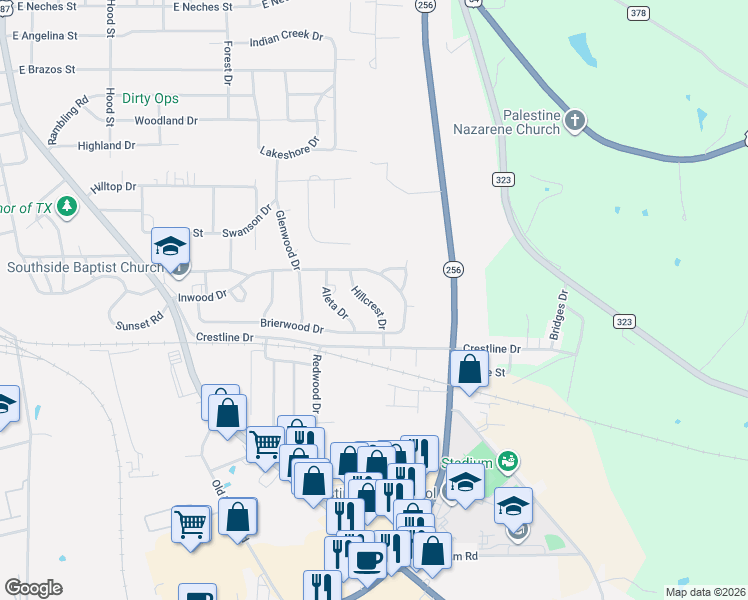 map of restaurants, bars, coffee shops, grocery stores, and more near 114 Hillcrest Drive in Palestine