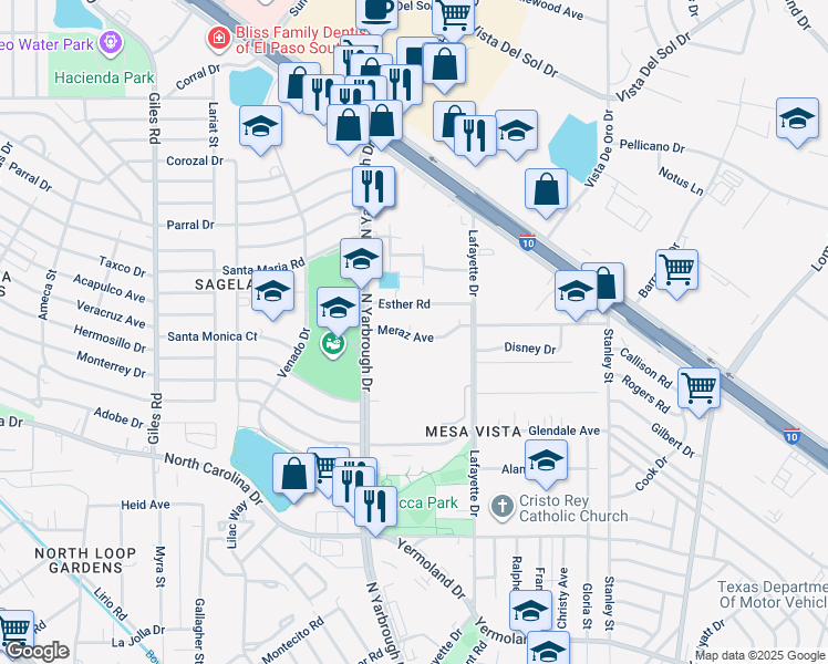 map of restaurants, bars, coffee shops, grocery stores, and more near 7919 Meraz Avenue in El Paso