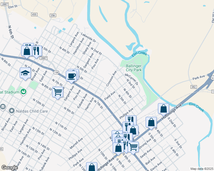 map of restaurants, bars, coffee shops, grocery stores, and more near 707 North 5th Street in Ballinger