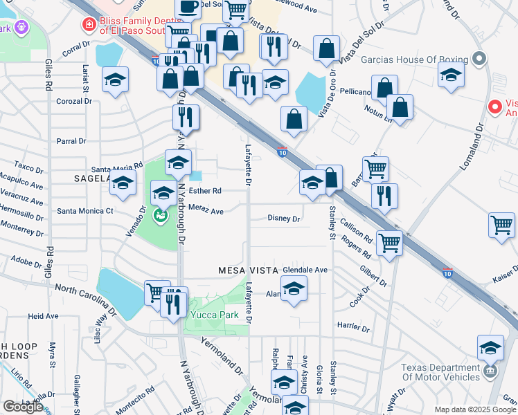 map of restaurants, bars, coffee shops, grocery stores, and more near 8008 Meraz Avenue in El Paso