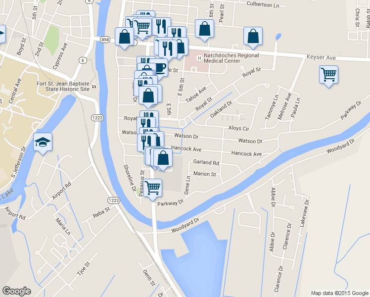 map of restaurants, bars, coffee shops, grocery stores, and more near 506 Hancock Avenue in Natchitoches