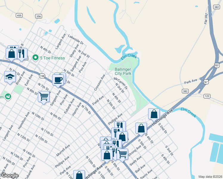 map of restaurants, bars, coffee shops, grocery stores, and more near 600 North 4th Street in Ballinger