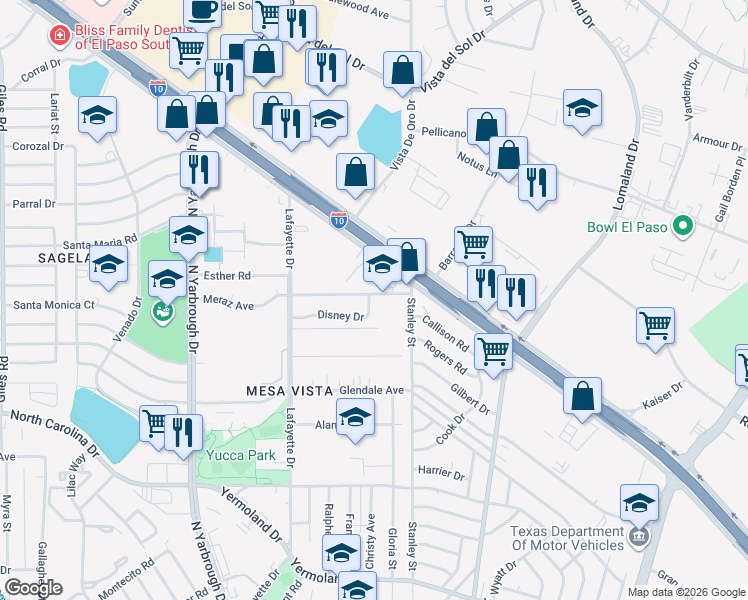 map of restaurants, bars, coffee shops, grocery stores, and more near 8082 Disney Drive in El Paso