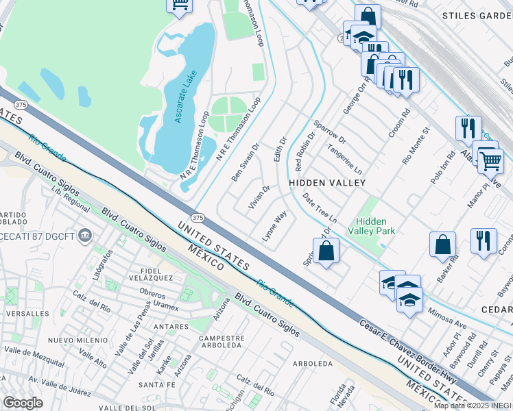 map of restaurants, bars, coffee shops, grocery stores, and more near 344 Vivian Drive in El Paso