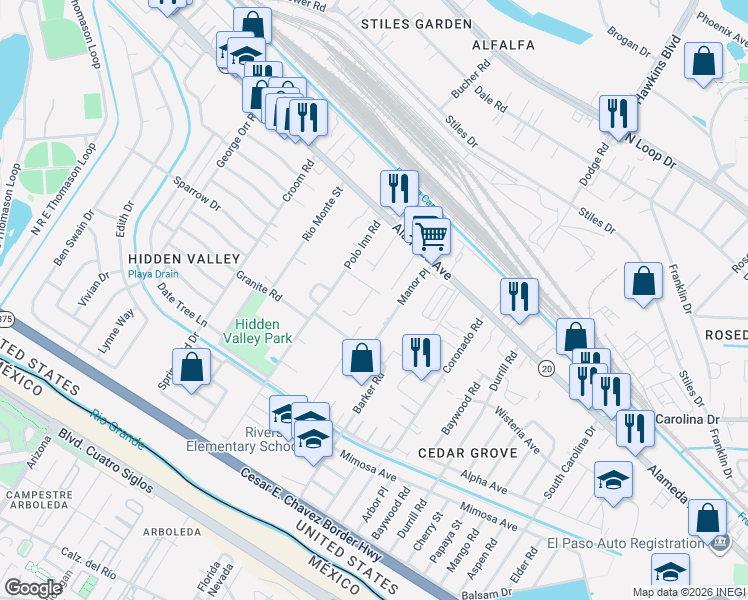 map of restaurants, bars, coffee shops, grocery stores, and more near 172 Pearl Lane in El Paso